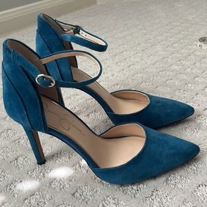 Jessica Simpson Carlette SZ 8 Women’s Blue Suede Leather Ankle Strap Pumps